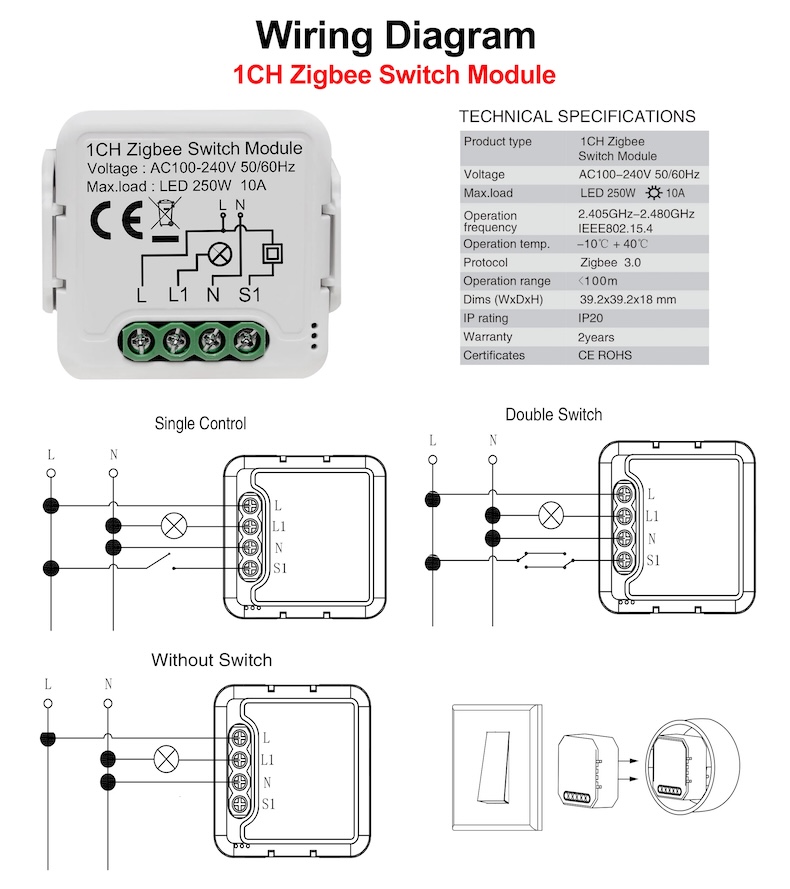 tuya zigbee 3.0 smart switch module 4‑gang works with alexa & google home