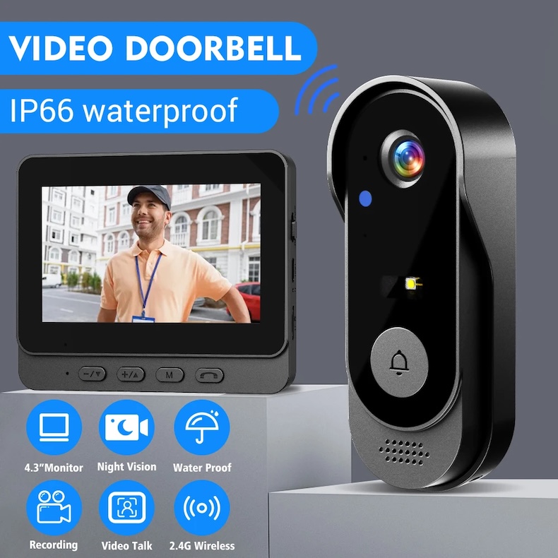 4.3‑inch wireless video doorbell 1080p camera ip66 waterproof