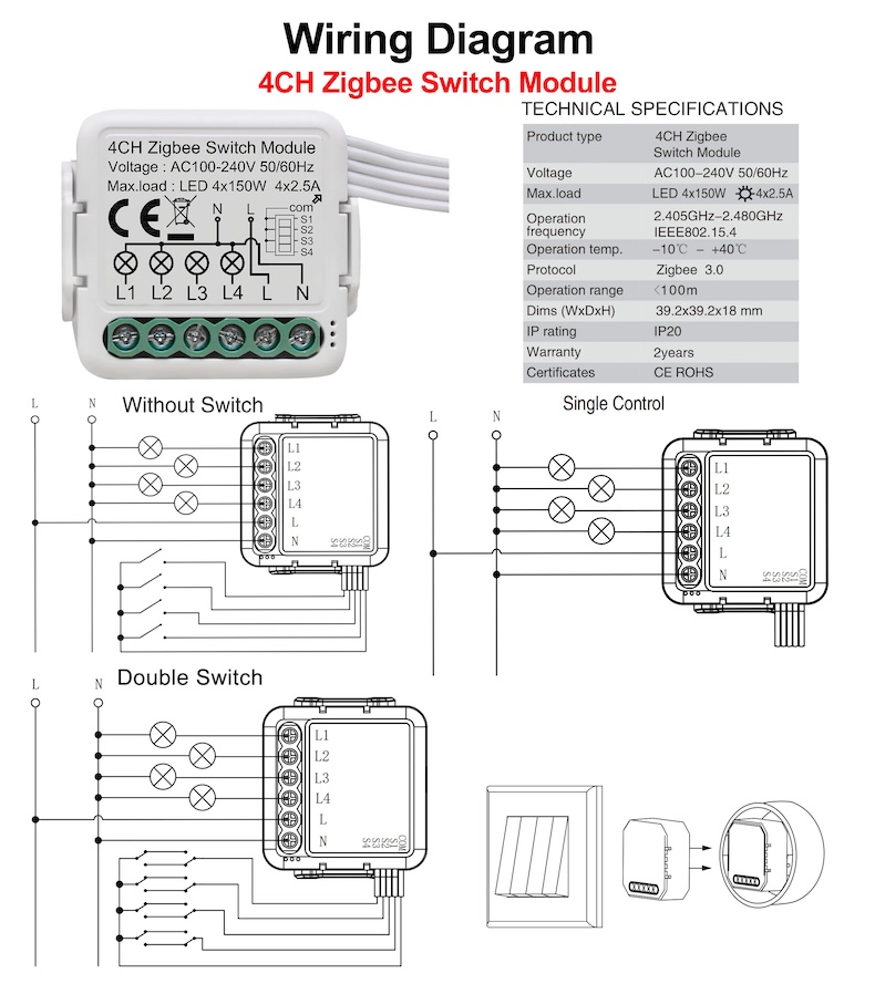 tuya zigbee 3.0 smart switch module 4‑gang works with alexa & google home