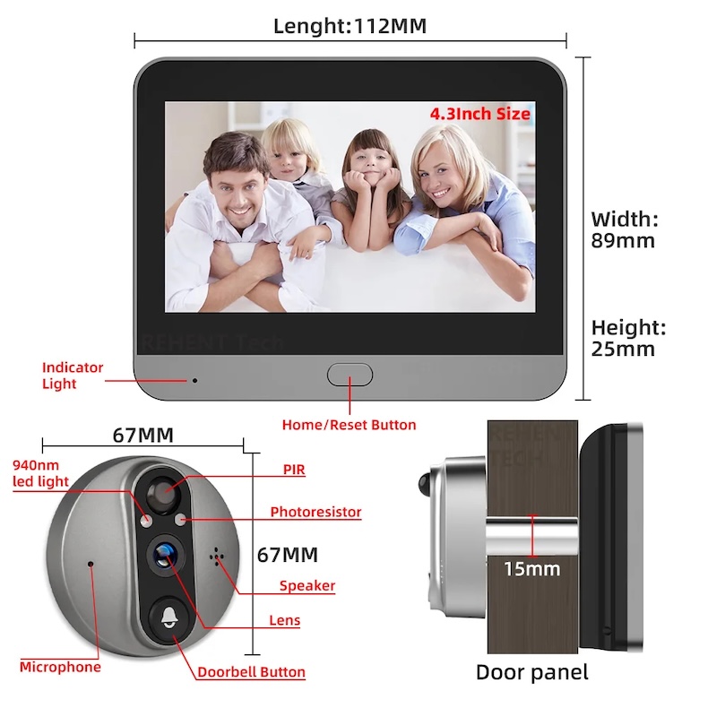 3MP Smart Peephole Camera 4.3‑inch Monitor 166° Wide Angle Alexa/Google Assistant 4.3‑inch wireless video doorbell 1080p camera ip66 waterproof (copy)