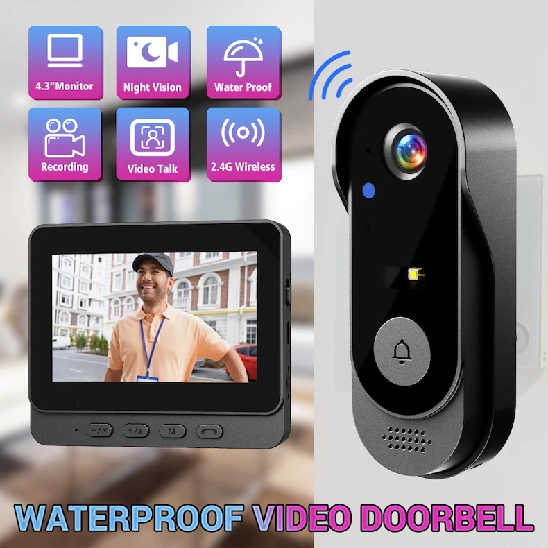 4.3‑inch wireless video doorbell 1080p camera ip66 waterproof