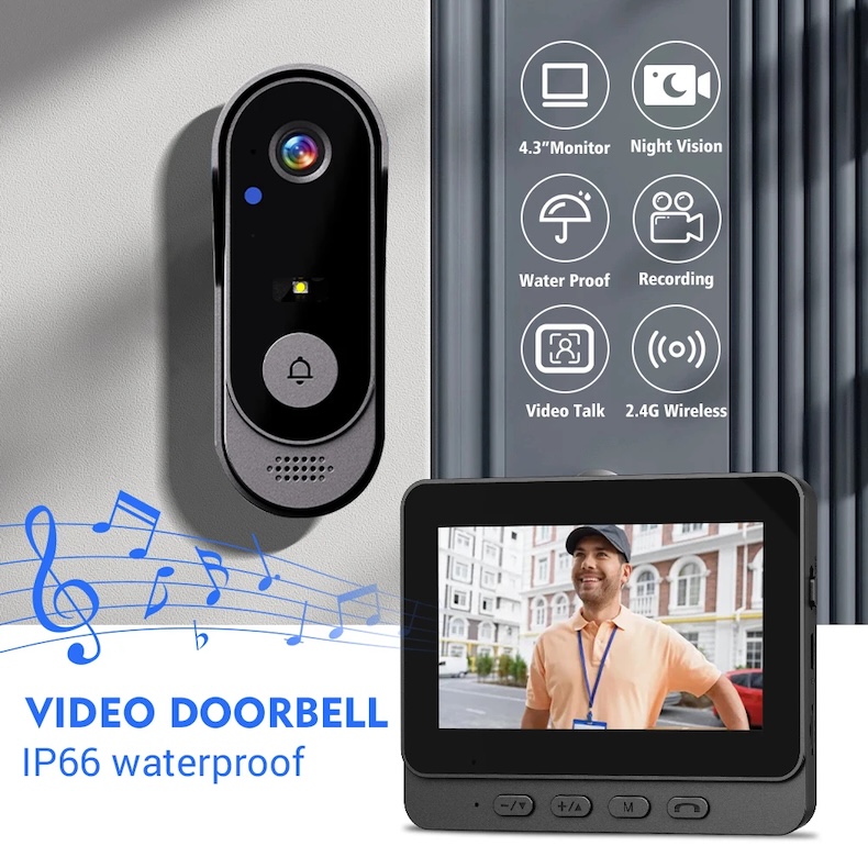 4.3‑inch wireless video doorbell 1080p camera ip66 waterproof
