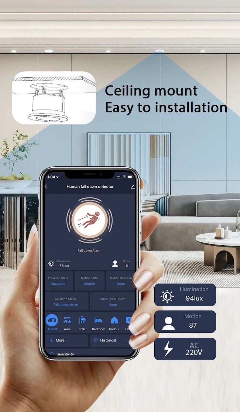 zigbee ceiling motion sensor 24ghz doppler radar 90° detection