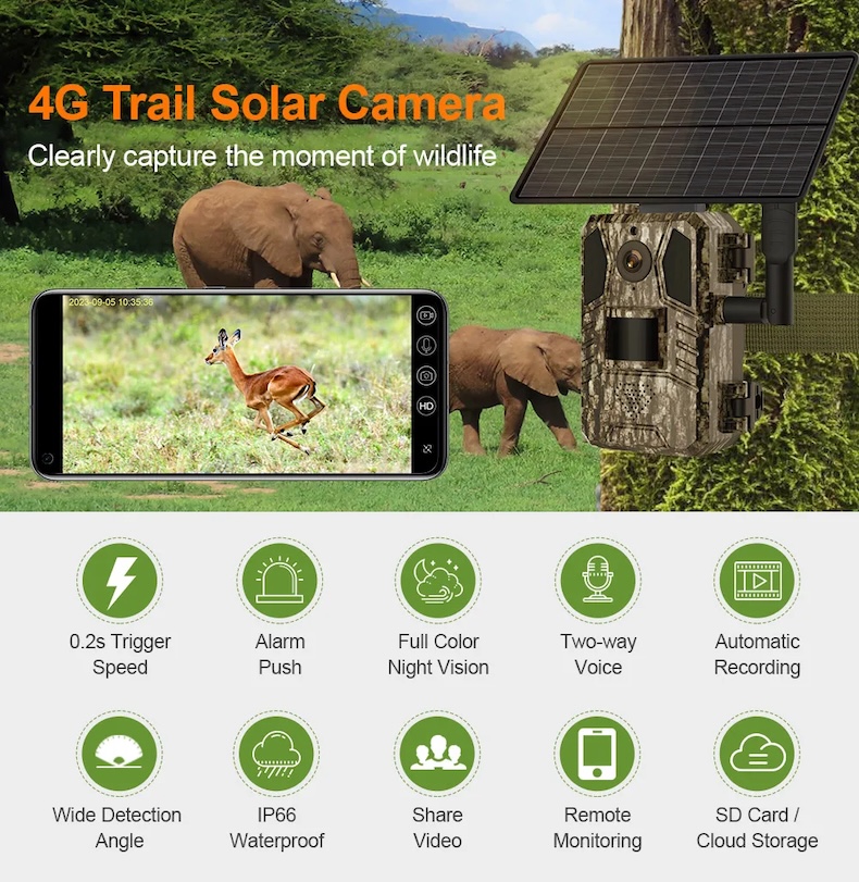 4g lte solar trail camera 4mp, 0.2s trigger, no glow ir, ip66, eu sim & cloud app (copy)