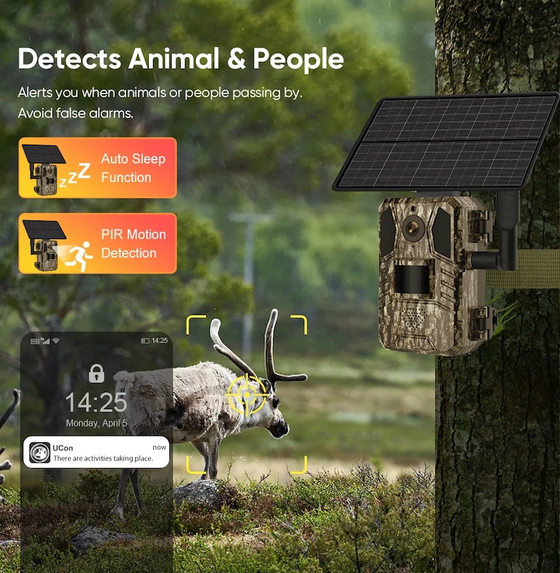 4g lte solar trail camera 4mp, 0.2s trigger, no glow ir, ip66, eu sim & cloud app (copy)