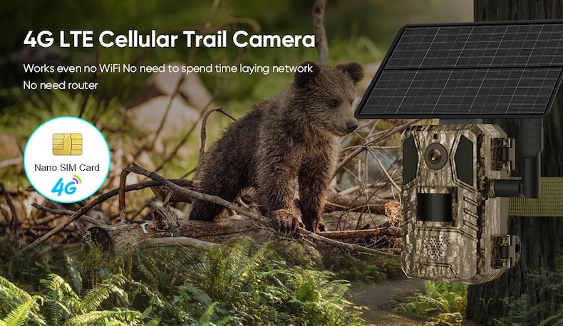 4g lte solar trail camera 4mp, 0.2s trigger, no glow ir, ip66, eu sim & cloud app (copy)