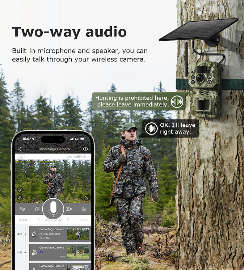 4g solar trail camera 14mp, 2k live video, ai detection, two way audio (copy)