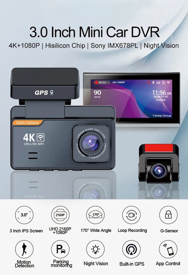 4k dual dash cam – sony imx678pl gps wi‑fi 1080p rear camera & night vision