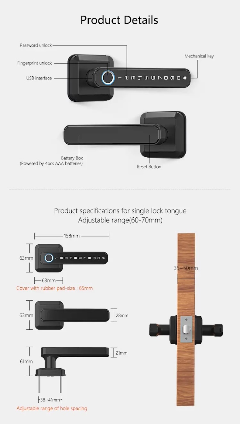 tuya smart handle lock with password & fingerprint access t3